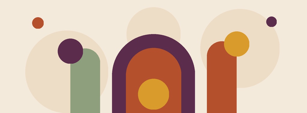 Abstract beige, rust, and plum shapes forming a landscape-style page cover design.
