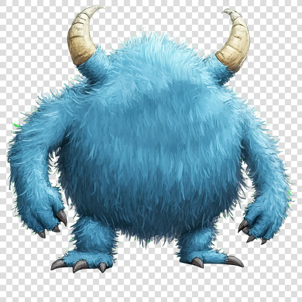 Illustration of a blue, furry monster with two horns and sharp claws
