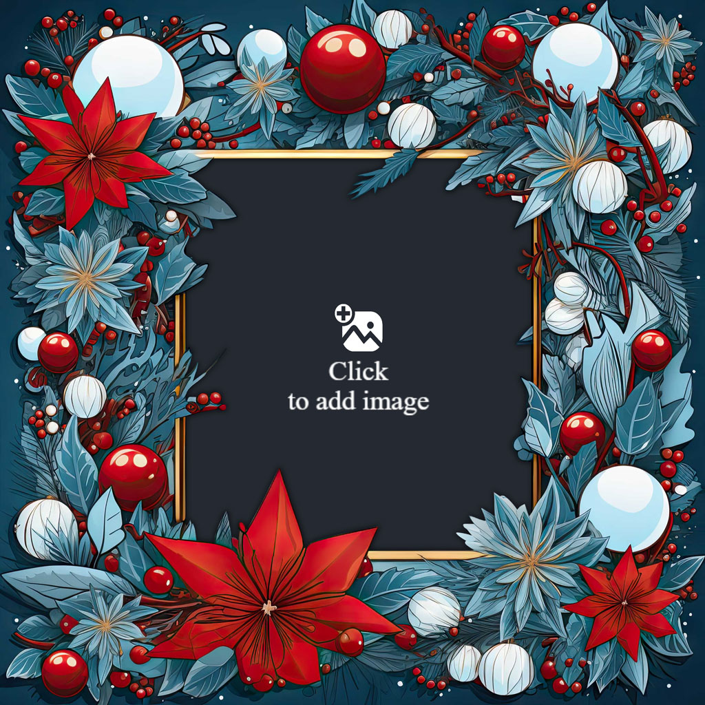 A family of three embracing, surrounded by a frame of blue leaves, red poinsettias, and Christmas ornaments.