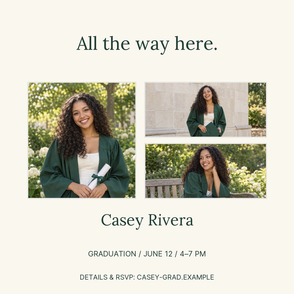 Square graduation collage with three portrait photos, the phrase All the way here, and event details.