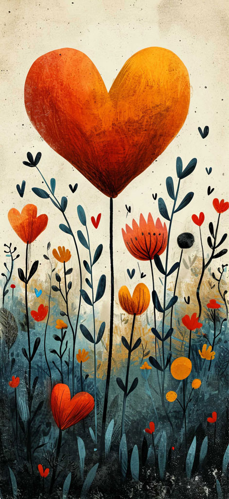 A large orange heart in a field of flowers