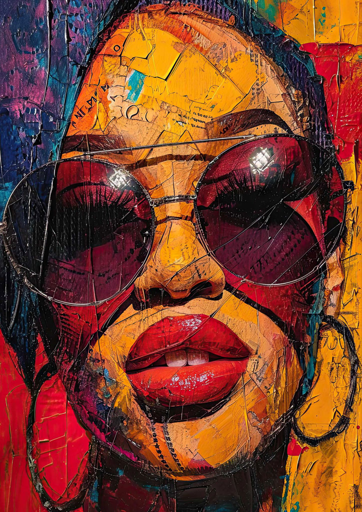 A close-up portrait of a woman's face with sunglasses, featuring a mix of yellow, red, and blue hues.