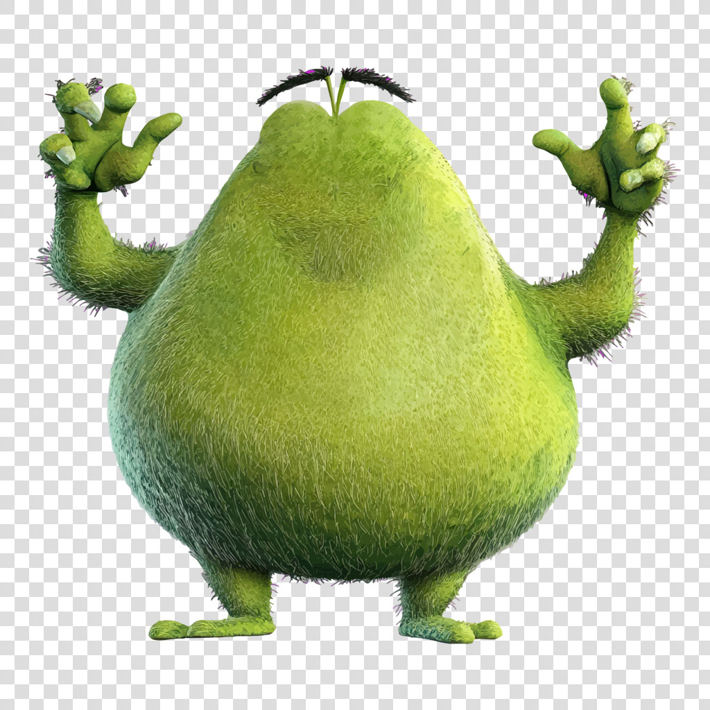 A cartoon monster with a green, furry body, raised hands, and a white background.