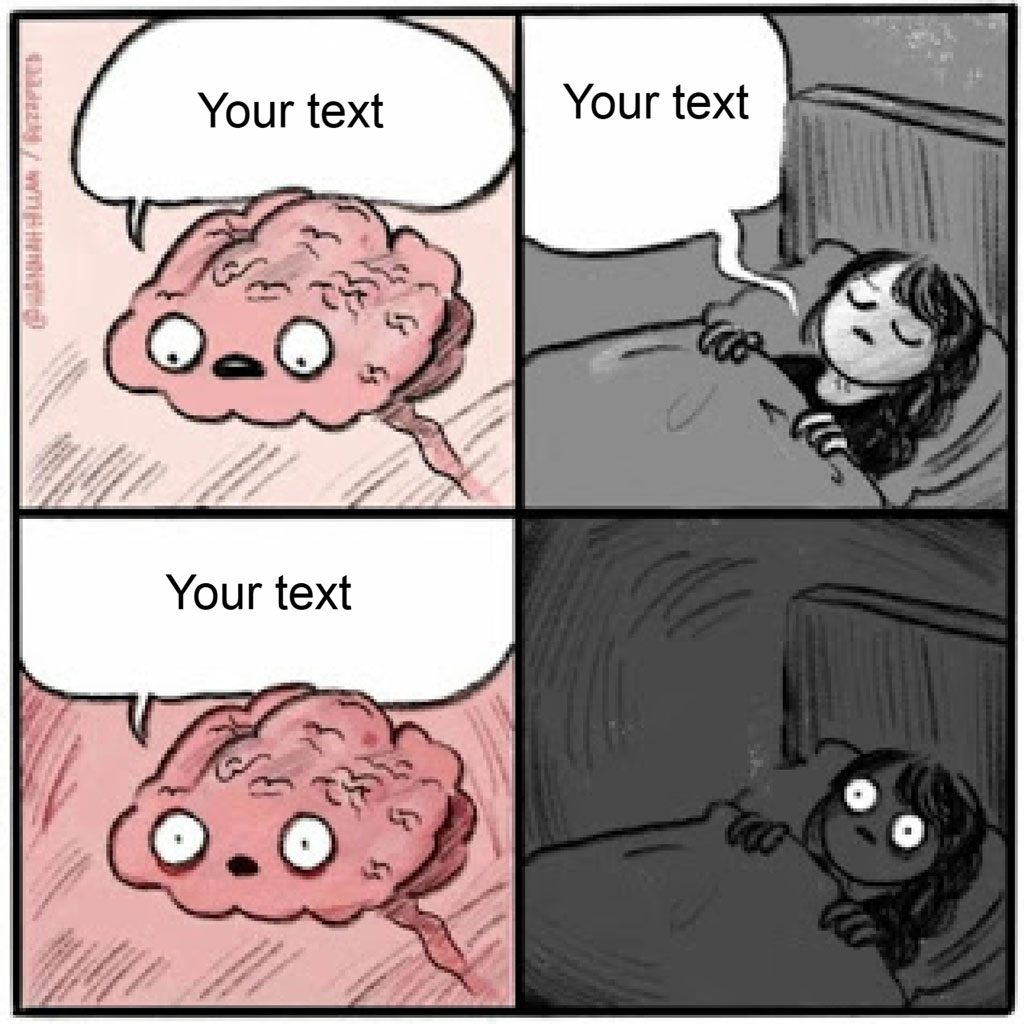 A four-panel comic showing a brain's thoughts and a person's reaction at night
