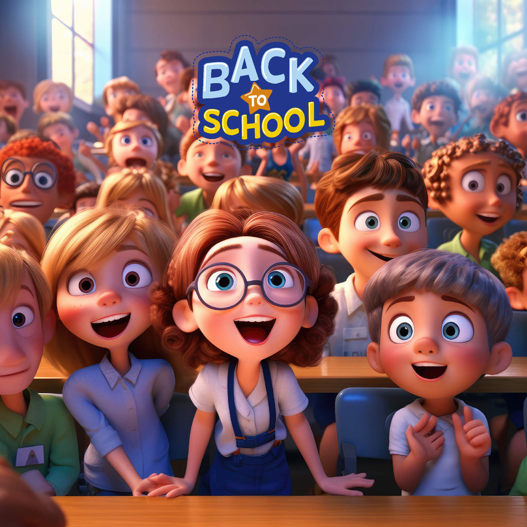 Cartoon children in a classroom with a 'Back to School' sign