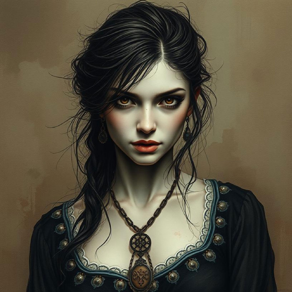 A digital painting of a woman with dark hair and a black dress adorned with gold accents.