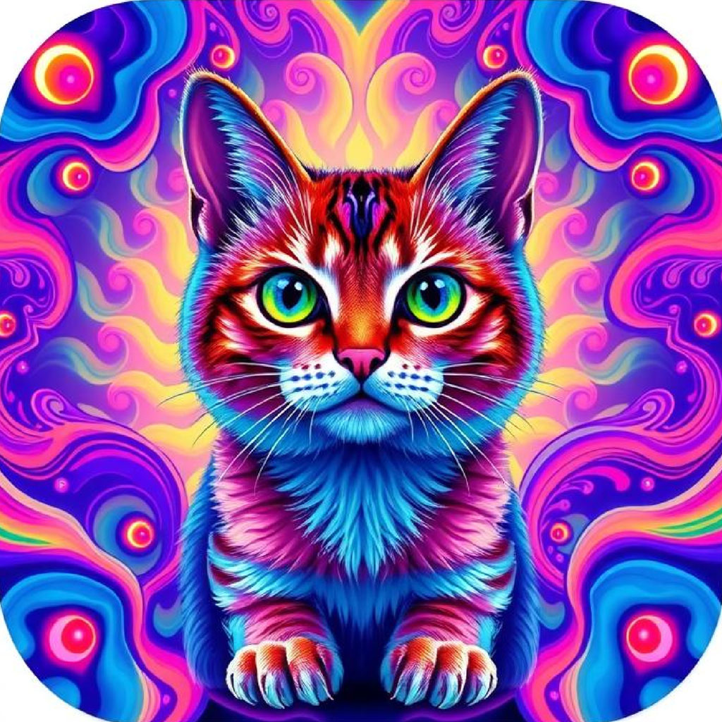 A cat with bright green eyes and multicolored fur set against a vibrant, swirling background.