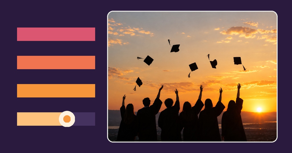 Graduates in silhouette throw caps at sunset beside colorful layout bars.