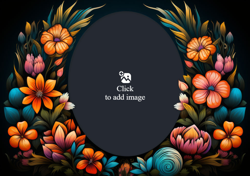 Floral design template with a dark gray circle and white logo