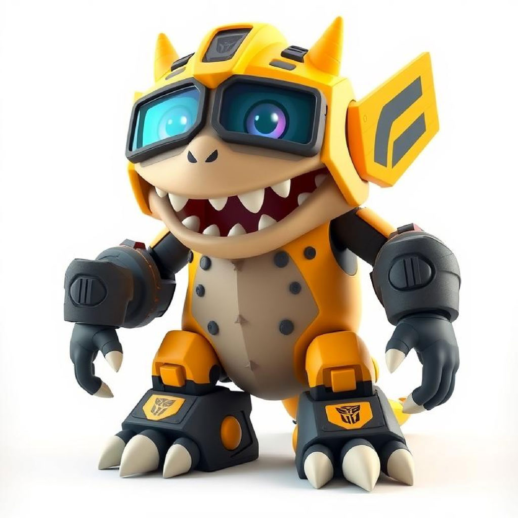 A cartoon dinosaur with robotic parts and goggles on its eyes.