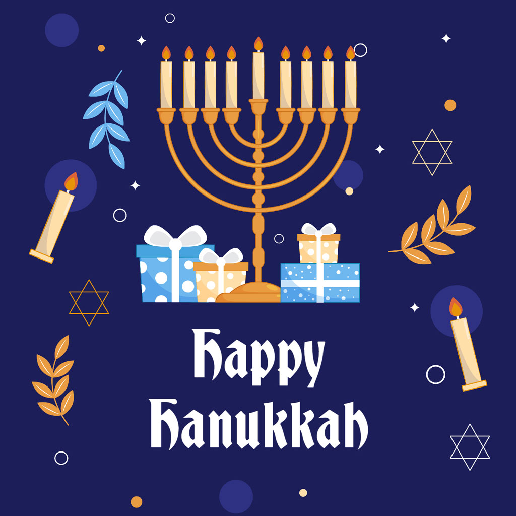 Hanukkah illustration with menorah and gifts