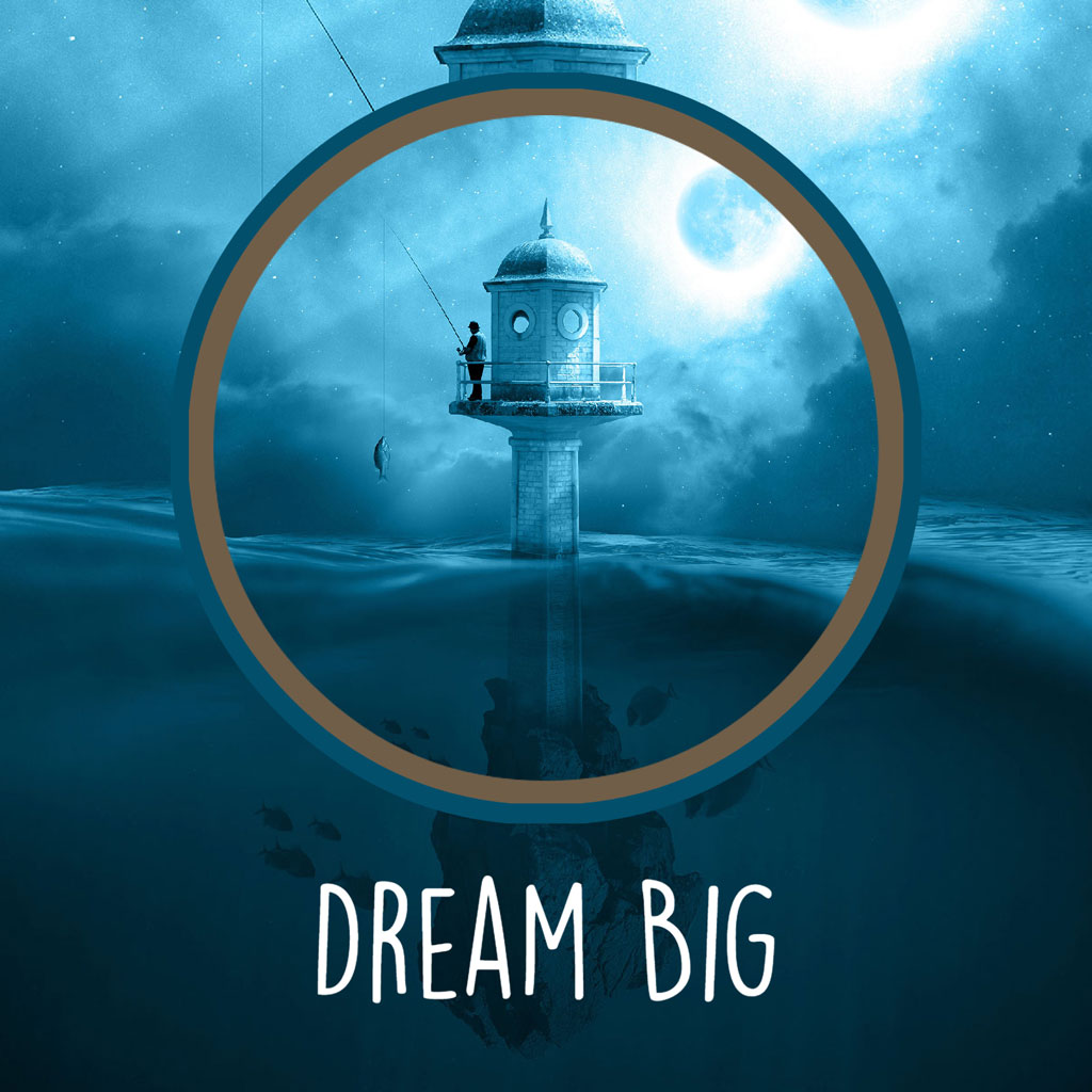 A person fishing from a lighthouse in the middle of the ocean under a cloudy sky with a full moon.