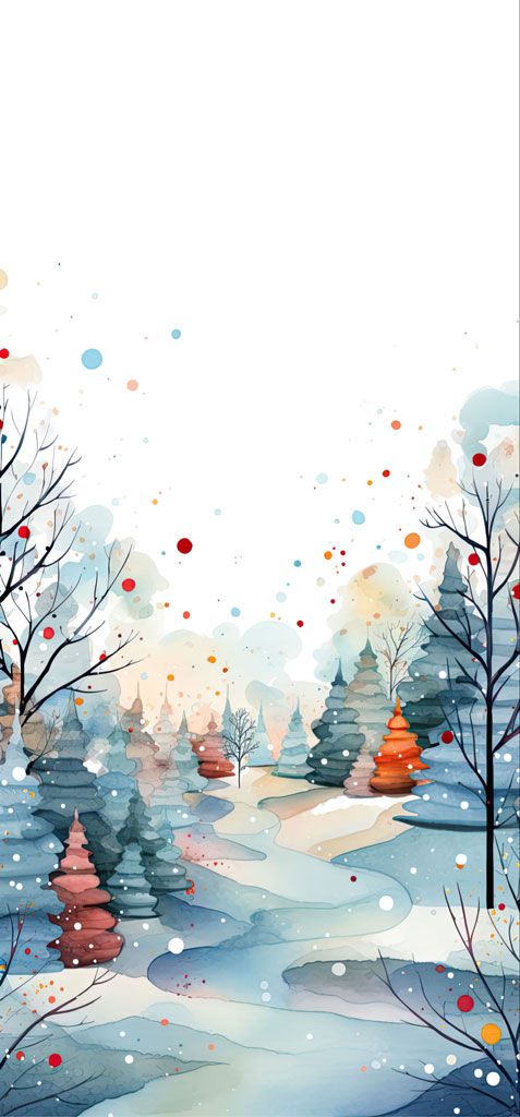 Watercolor painting of a snowy forest with bare trees and colorful dots.