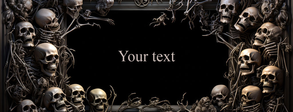 A black frame surrounded by skulls and bones