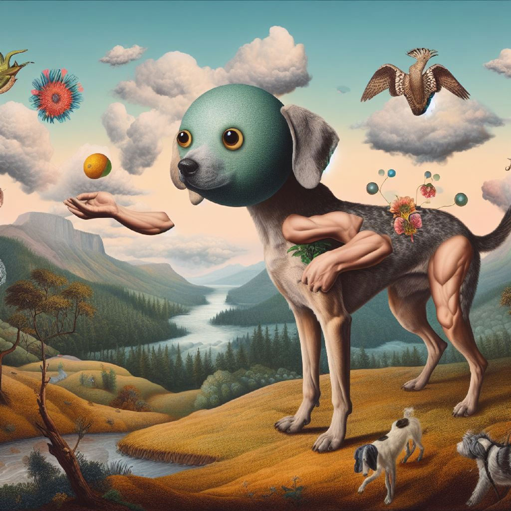 Surrealist artwork of a dog with human muscles and a blue head in a landscape