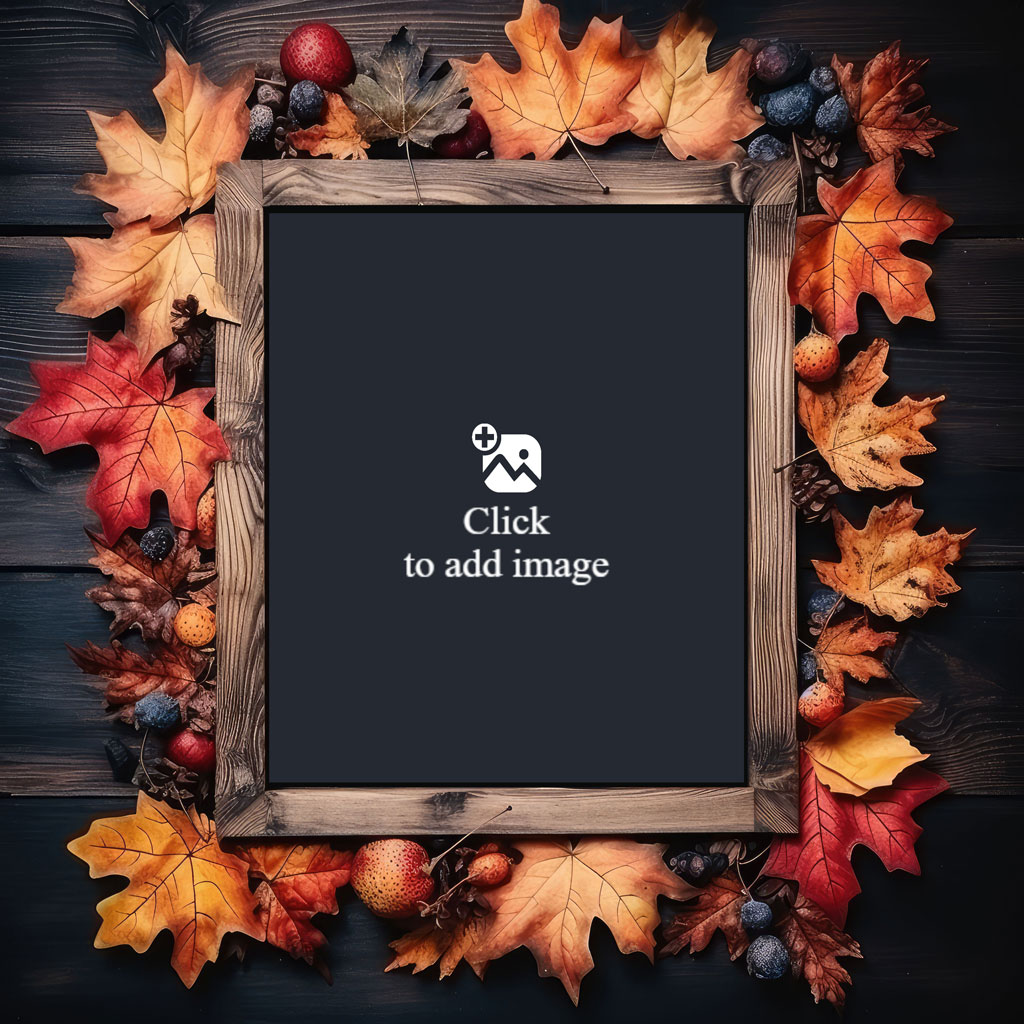 A wooden frame with autumn leaves and berries around it