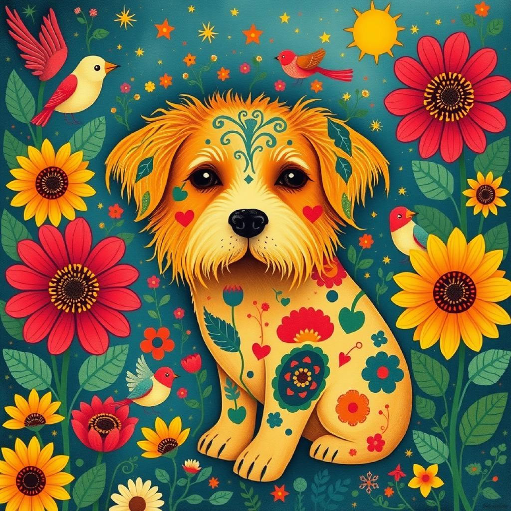 Illustration of a woman with flowers in her hair and colorful birds around her