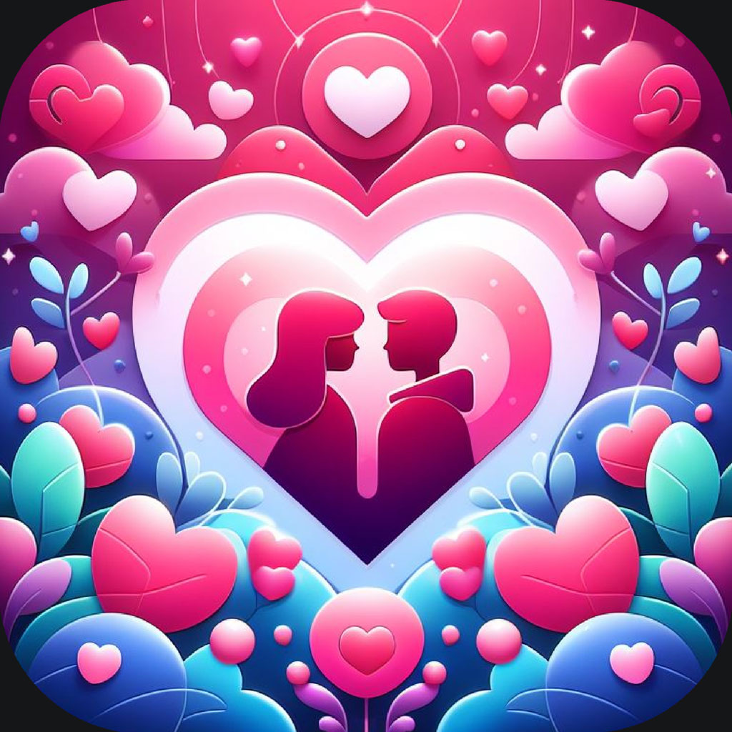 Digital illustration of a couple in a heart surrounded by smaller hearts and flowers
