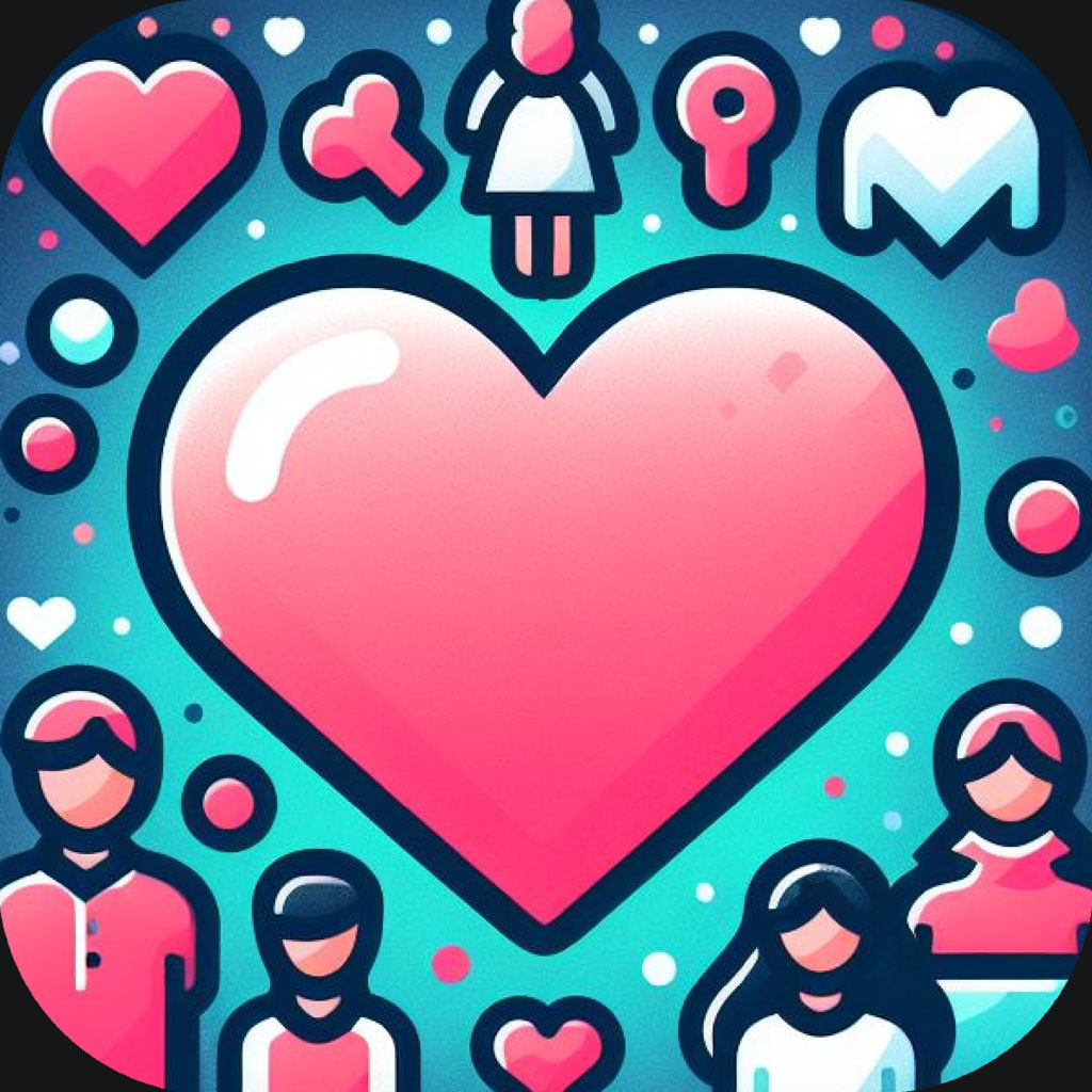 Illustration of a large pink heart surrounded by people and smaller hearts