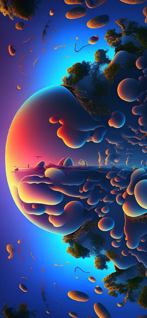 Surreal digital art landscape with a colorful planet and abstract formations