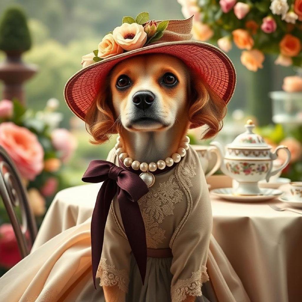 Woman in a peach dress and floral hat enjoying tea in a garden