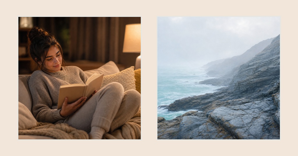 A woman reading on a couch beside a rocky coastal landscape in a two-panel cover design.