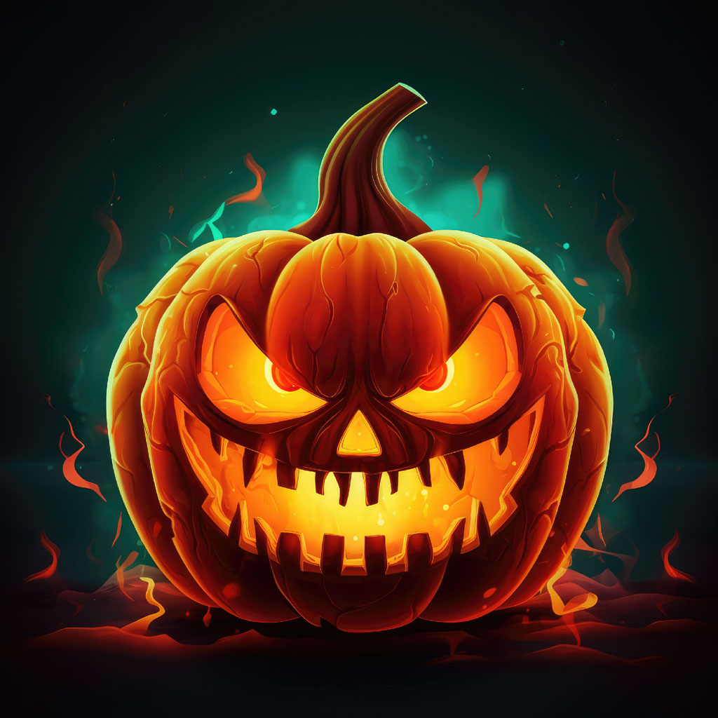 A jack-o'-lantern with a menacing face and glowing eyes, surrounded by flames.