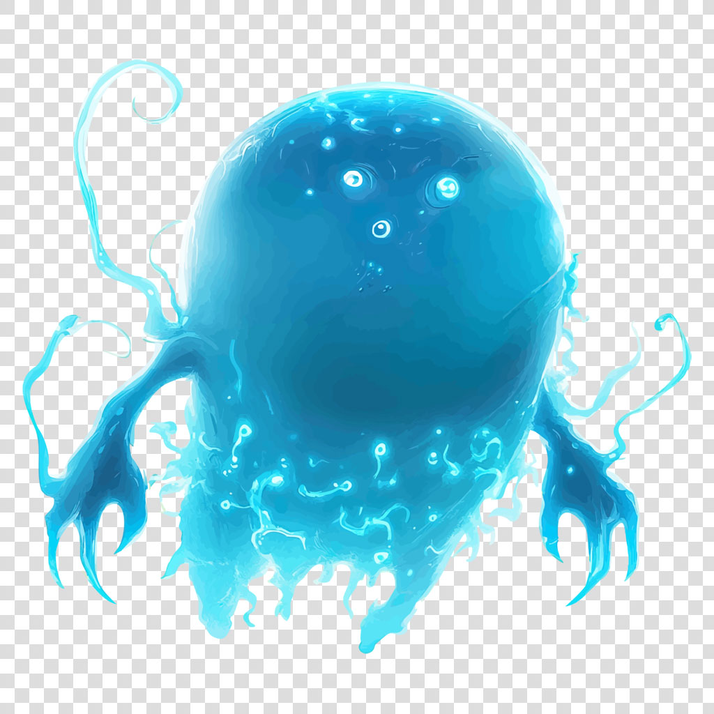 A blue gelatinous orb with a face and tentacles, surrounded by swirling blue tendrils.