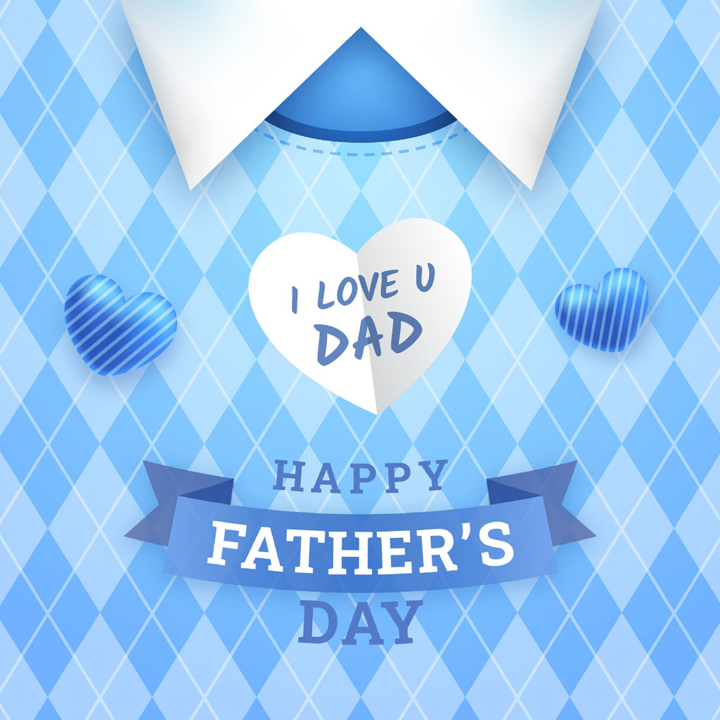 Father's Day card with a heart and blue argyle background