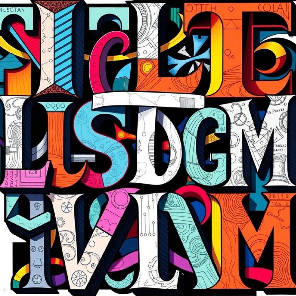 Colorful typography artwork with various patterns