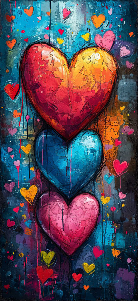 Colorful hearts artwork with a blue background
