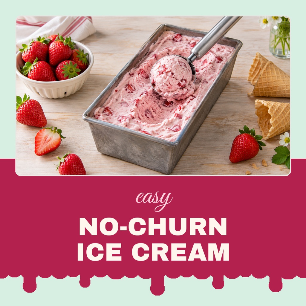 Ice cream in a loaf pan with strawberries and cones on a summer dessert template.