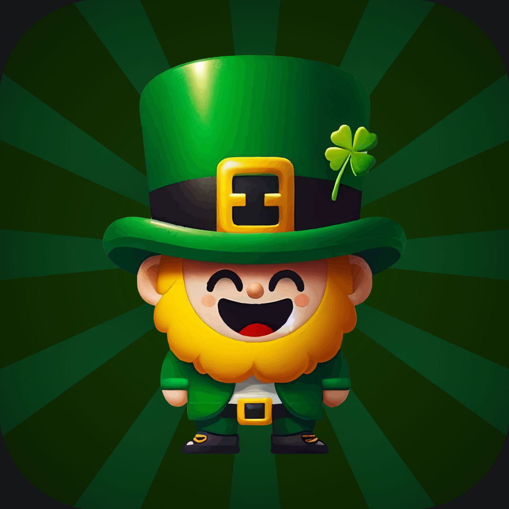 Cartoon leprechaun with green hat and beard