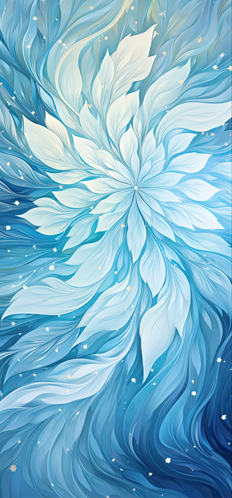 A digital artwork featuring a stylized blue flower with swirling petals and white highlights.
