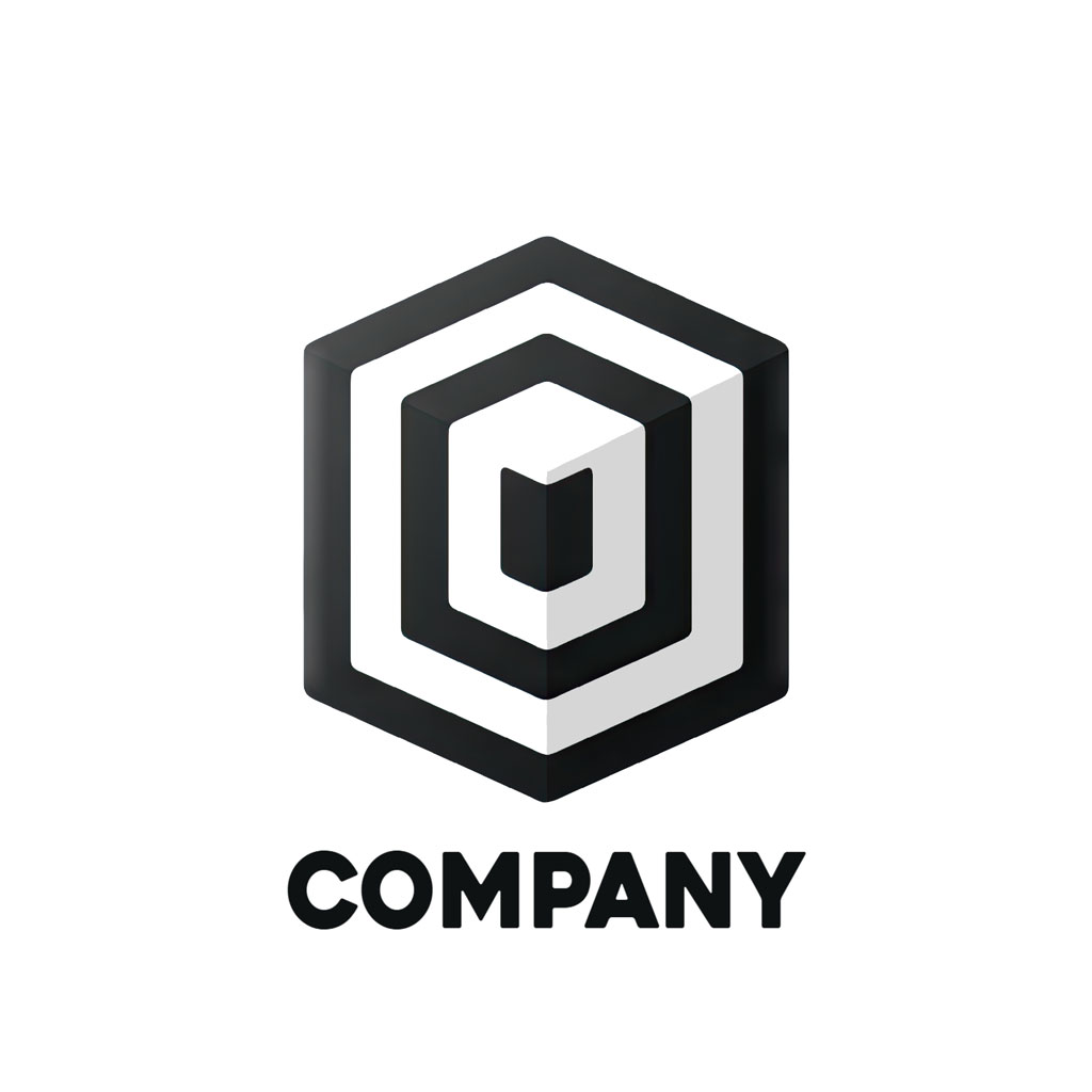 A black and white 3D hexagonal logo on a white background