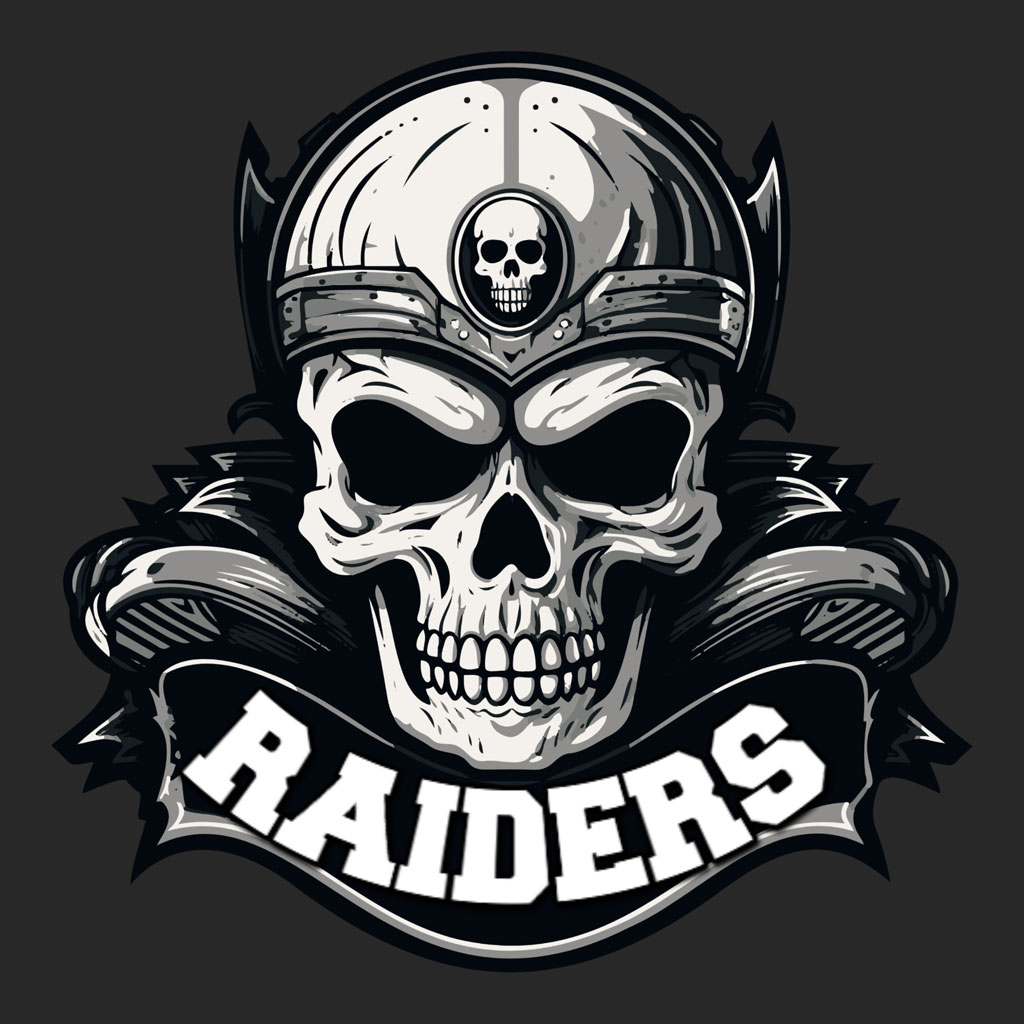 Illustration of a skull in a Raiders football helmet with 'RAIDERS' banner