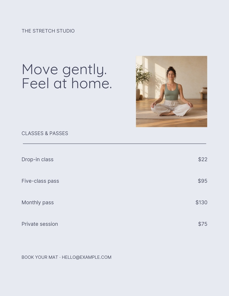 Portrait yoga studio schedule with class and pass prices beside a seated woman photo.