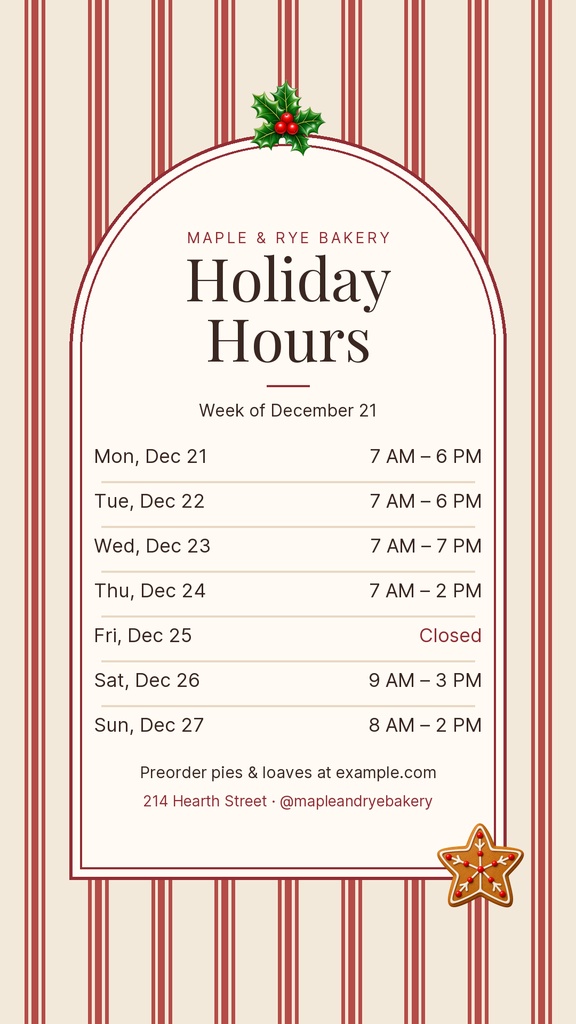 Festive bakery holiday hours Instagram story with red border and holiday decorations.