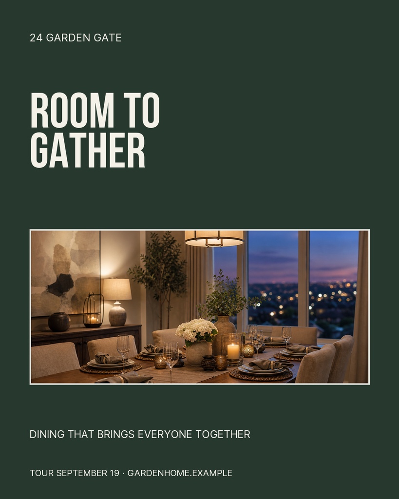 Portrait real estate template with dark green background, large title, and a dining room photo at dusk.