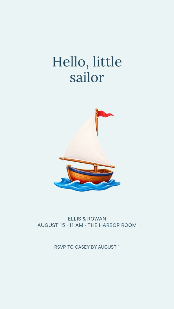 Light blue Instagram story template with the words Hello little sailor and a sailboat illustration.