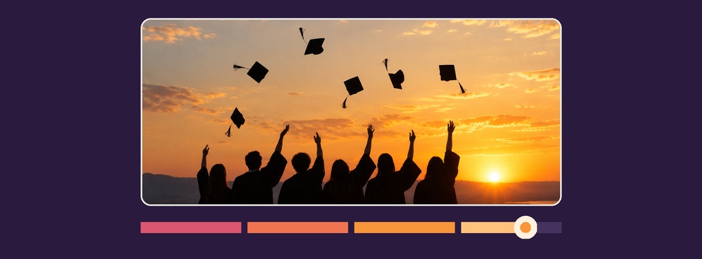 Silhouetted graduates toss caps at sunset with a warm orange sky and purple border.