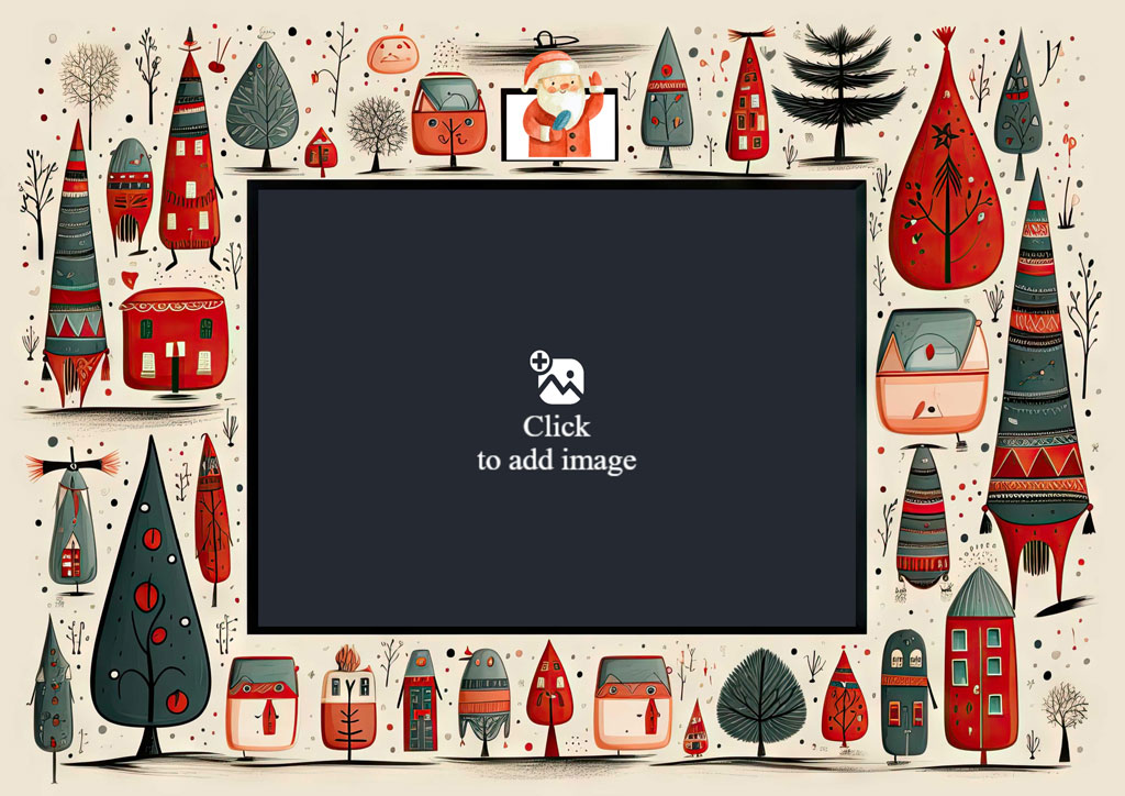 Family of four holding hands in a wooded area, surrounded by Christmas-themed decorations