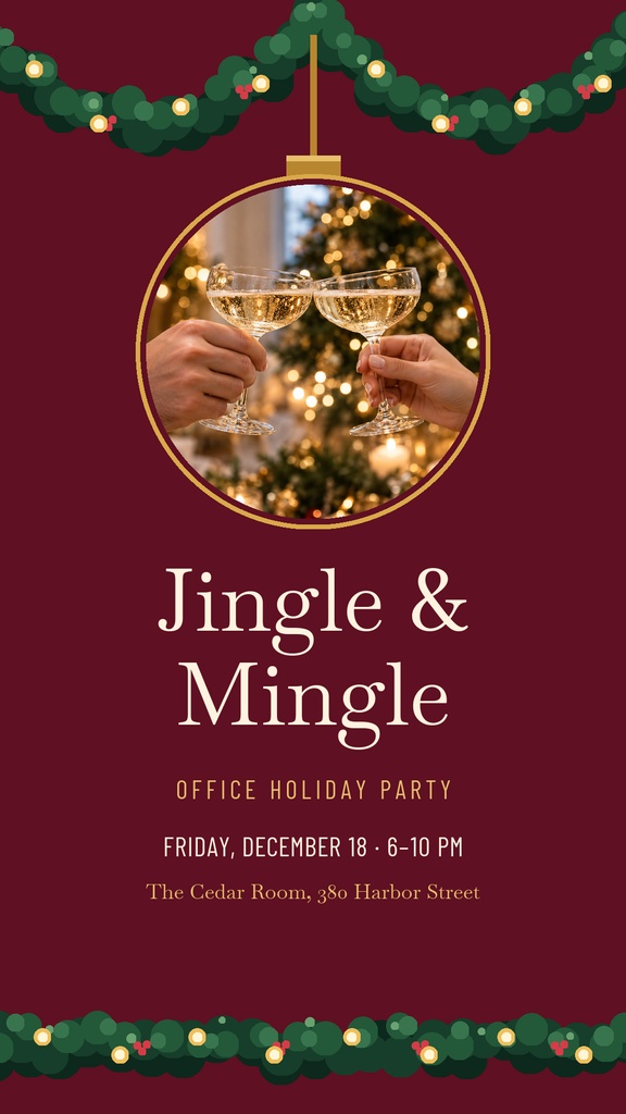 Burgundy holiday party story template with garland border and circular photo of clinking champagne glasses