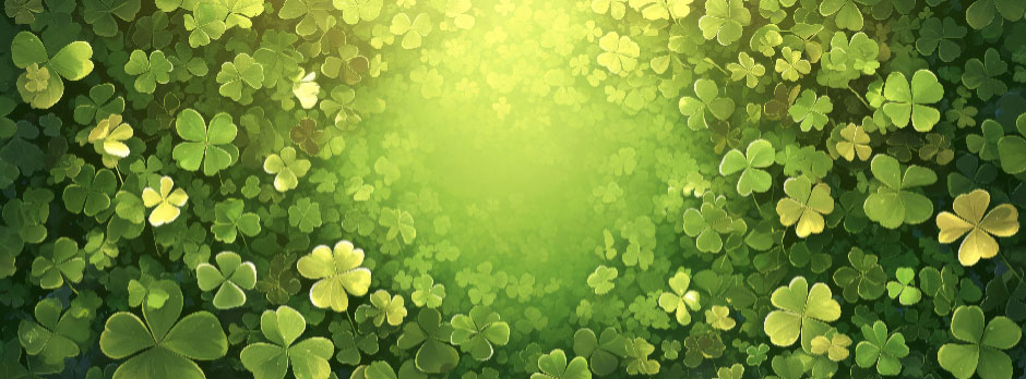 A dense arrangement of shamrocks with a radiant green glow