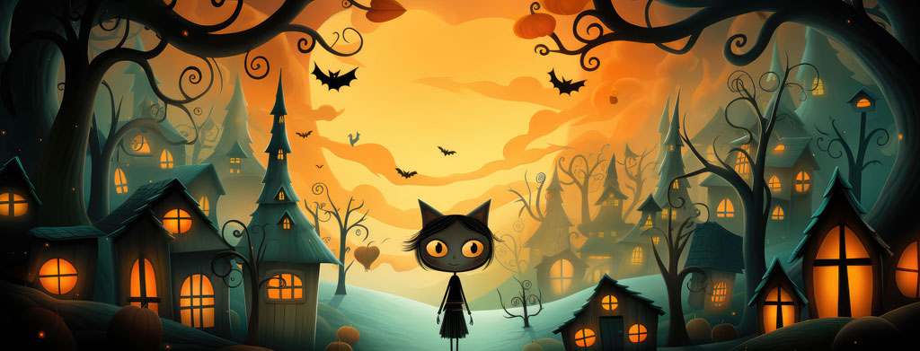 A cartoon black cat wearing a witch's hat stands in a haunted village with glowing windows and bats flying in the sky.