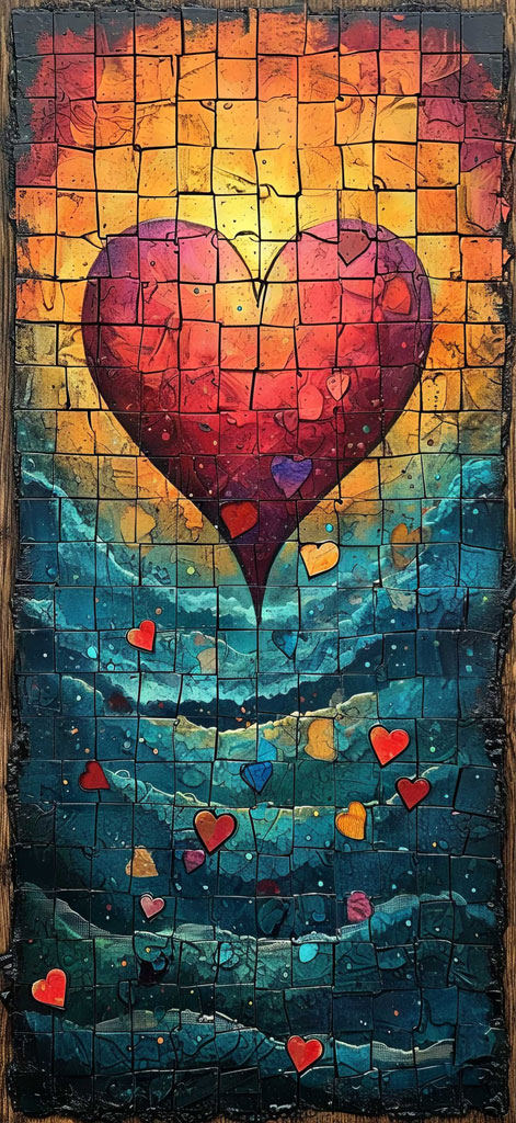 A mosaic artwork with a large heart and smaller hearts against a colorful background.