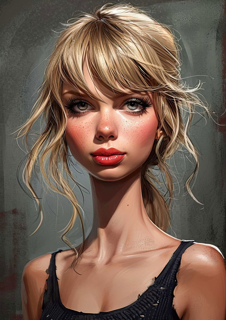 A digital painting of a blonde woman with blue eyes and red lips wearing a black tank top.