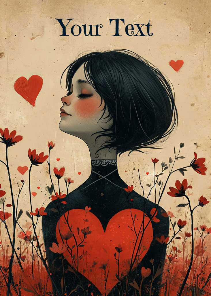 Illustration of a woman with short black hair and a red heart on her black top, surrounded by red flowers and hearts.