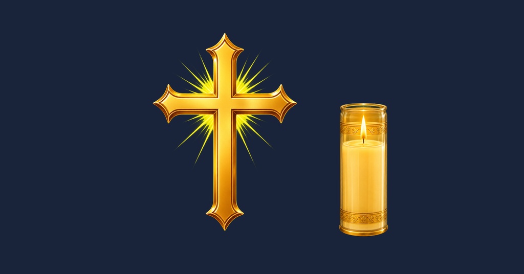 A gold cross and lit candle on a dark blue background.
