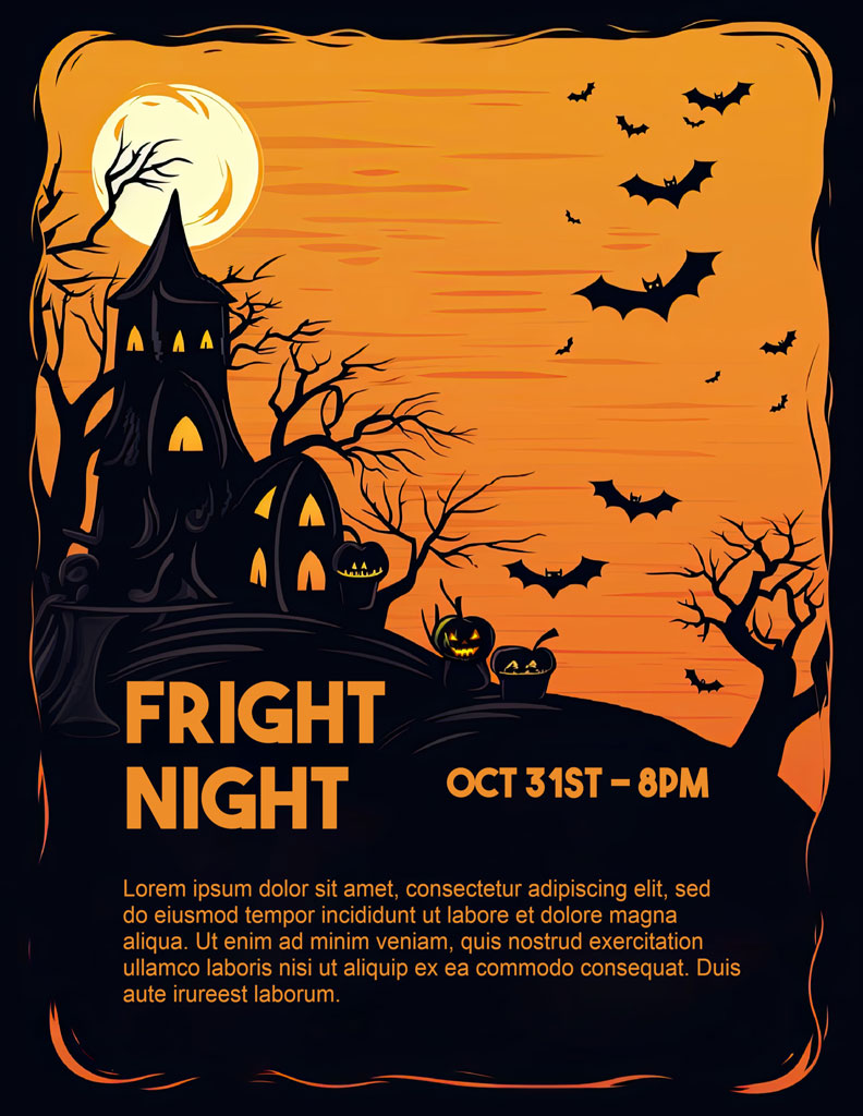 Halloween party invitation with a haunted house and bats